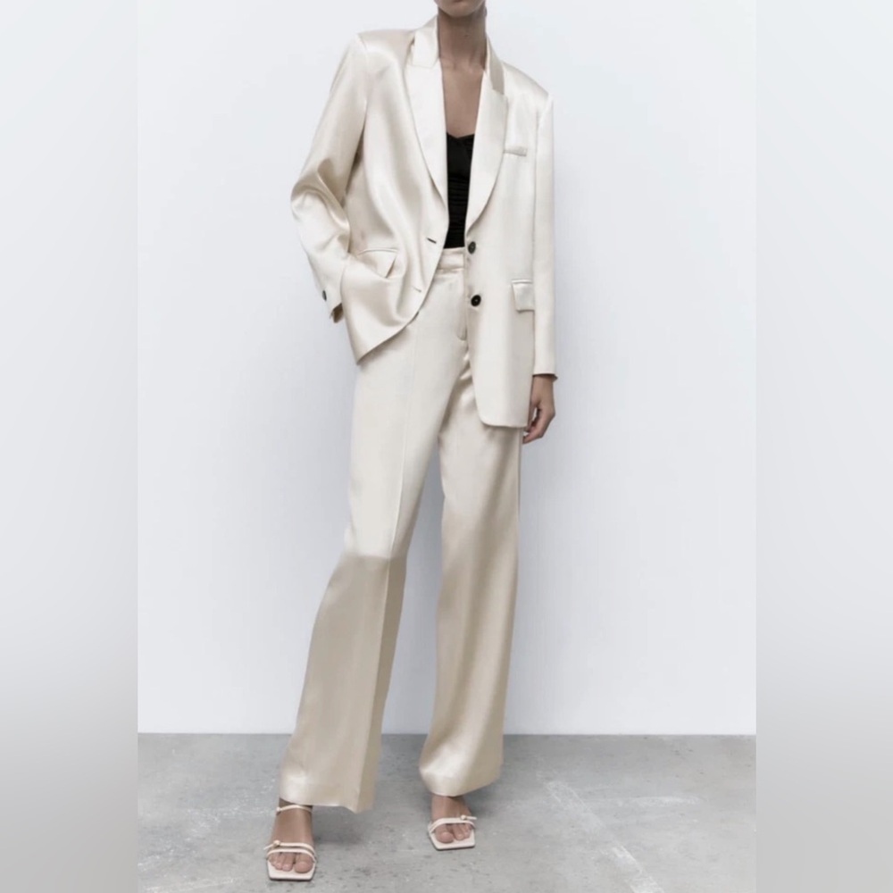 👹NWOT Zara satin effect blazer & matching trousers Set champagne cream CoOrd Sui